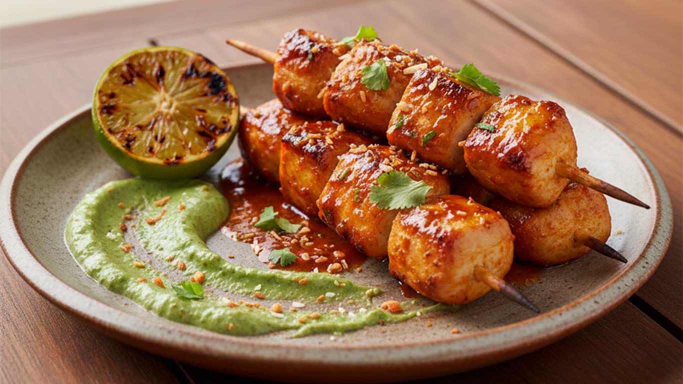 CoconutTamarind Chicken Mishkaki with Charred Lime